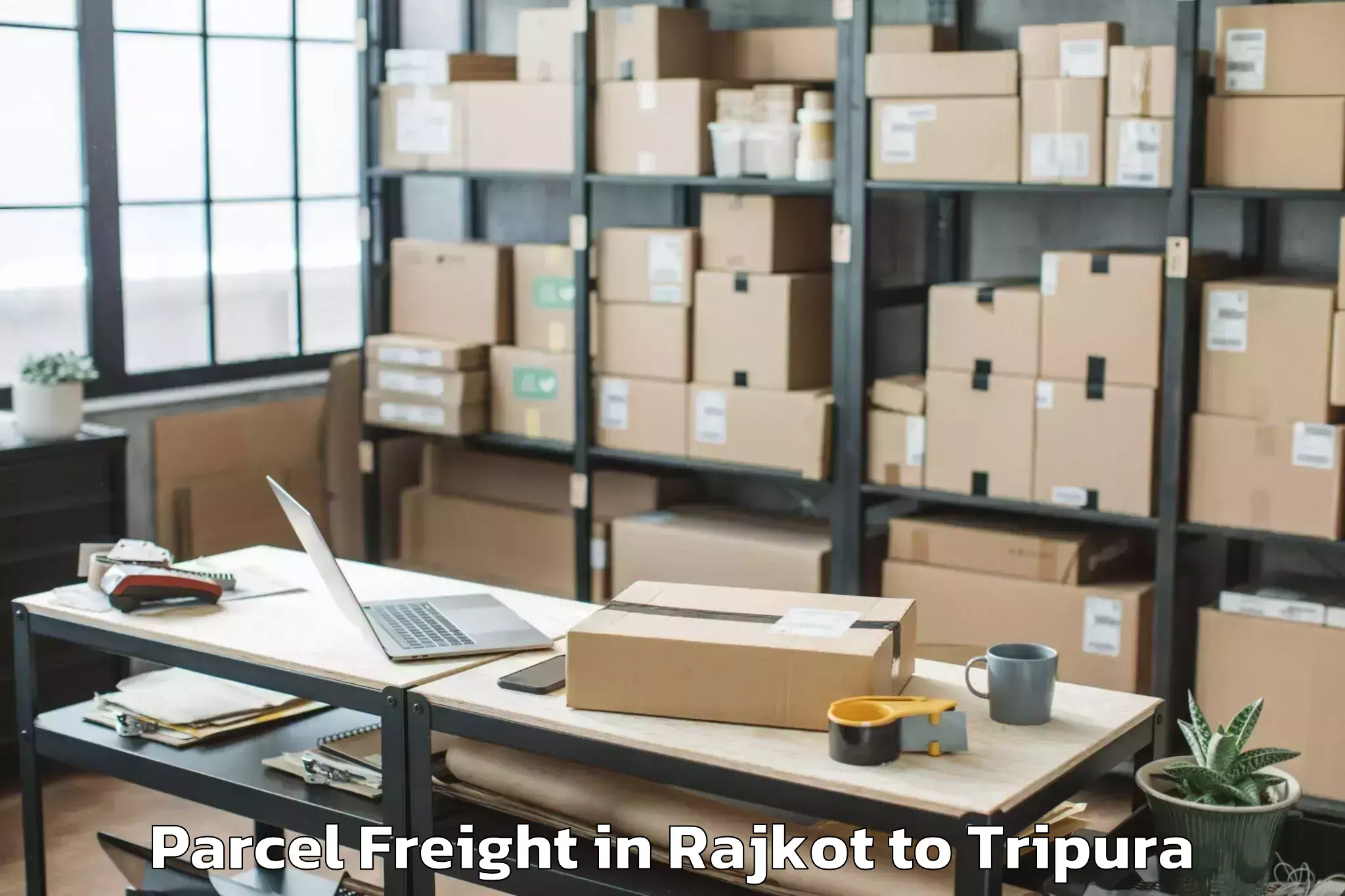 Easy Rajkot to Amarpur Gomati Parcel Freight Booking